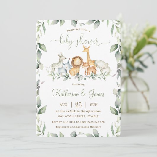 Invitation Chic Jungle Animaux Verdure Baby shower Neutre (Debout devant)