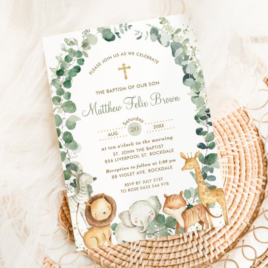 Invitation Chic Jungle Animaux Verdure Baptême Christening