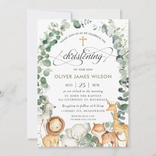 Invitation Chic Jungle Animaux Verdure Christening Baptême (Devant)