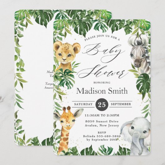 Invitation Chic Jungle Animaux Verdure Safari Baby shower (Devant / Derrière)