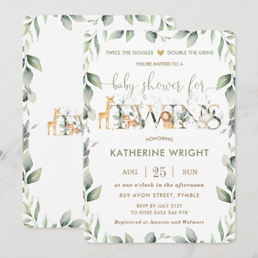 Invitation Chic Jungle Animaux Verdure Twins Baby shower (Devant / Derrière)