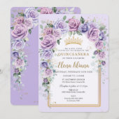 Invitation Chic Lavande Lilac Lavande Or Floral Quinceañera (Devant / Derrière)