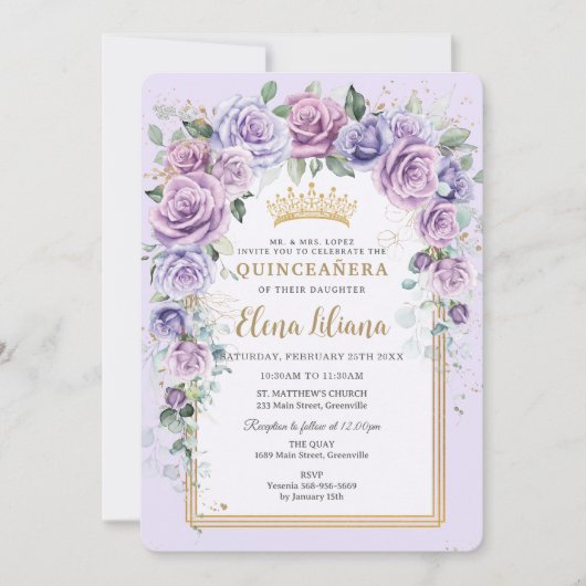 Invitation Chic Lavande Lilac Lavande Or Floral Quinceañera (Devant)