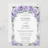 Invitation Chic Lavande violette Roses Floral Mariage Argent (Devant)