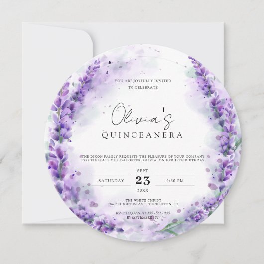 Invitation Chic Lavender Aquarelle Photo Moderne Quinceanera (Devant)