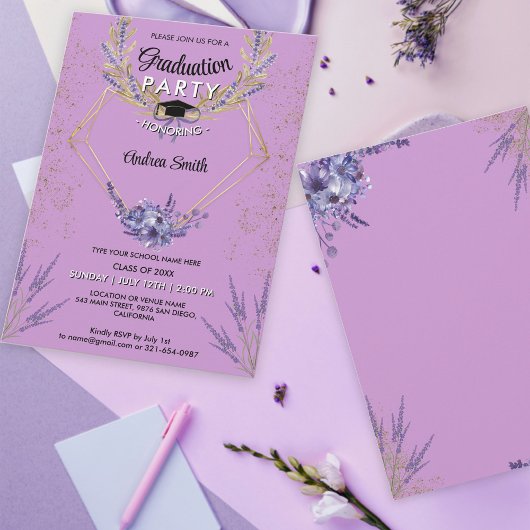 Invitation Chic Lavender Floral Gold Parties scintillant Part