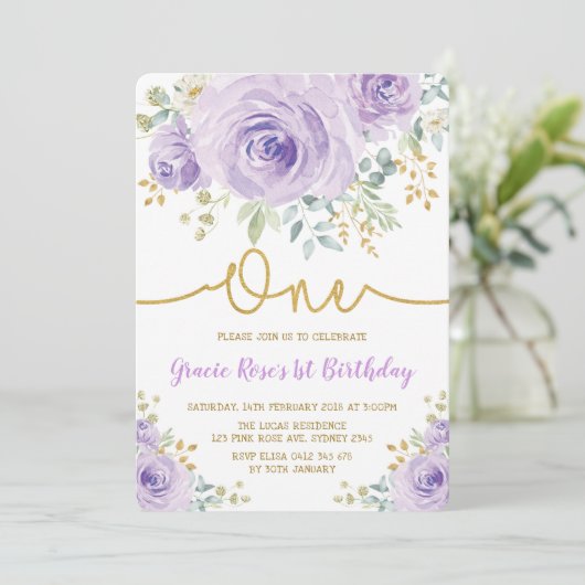 Invitation Chic Lavender Floral Rose Fille 1er Anniversaire (Debout devant)