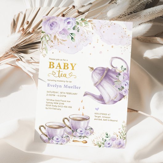Invitation Chic Lavender Gold Floral Baby shower Tea Party