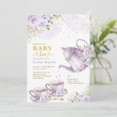 Invitation Chic Lavender Gold Floral Baby shower Tea Party (Debout devant)