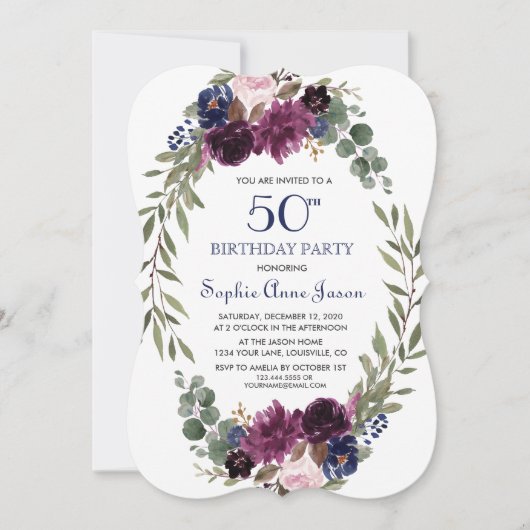 Invitation Chic Lavender Navy Blue Floral Bloom 50e anniversa (Devant)