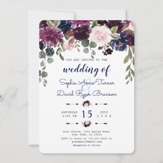 Invitation Chic Lavender Navy Blue Floral Bloom Wedding (Devant)