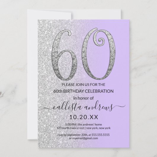 Invitation Chic Lavender Silver Parties scintillant Ombre 60e (Devant)