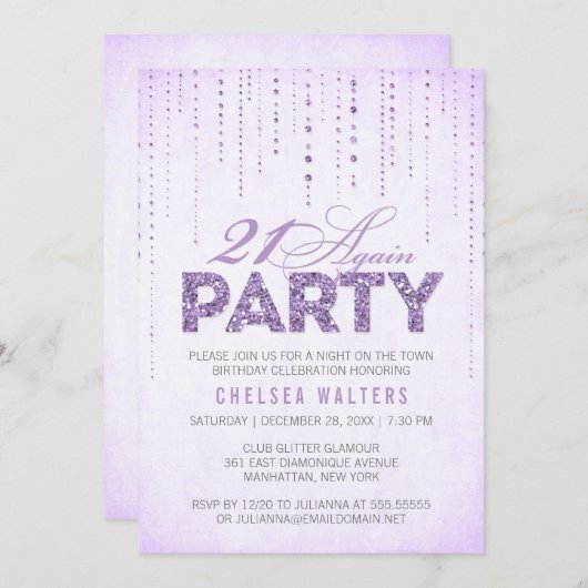 Invitation Chic Lavender Sparkle 21 Encore fête d'anniversair (Devant / Derrière)