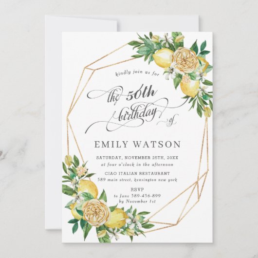 Invitation Chic Lemon Floral Greenery Géométrique 50e anniver (Devant)
