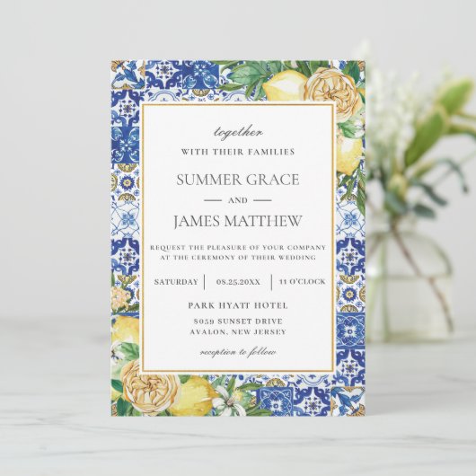 Invitation Chic Lemon Floral Verdure Destination Mariage (Debout devant)