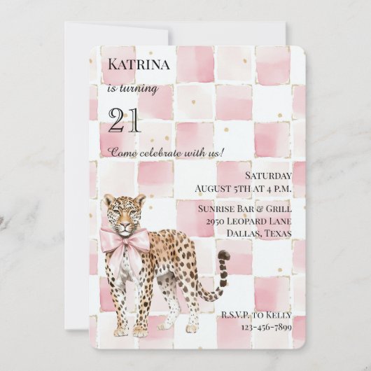 Invitation Chic Leopard Rose Bow Carrés Anniversaire (Devant)