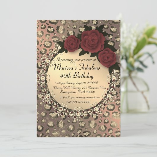 Invitation Chic Leopard Rose Fabuleux 40e anniversaire (Debout devant)