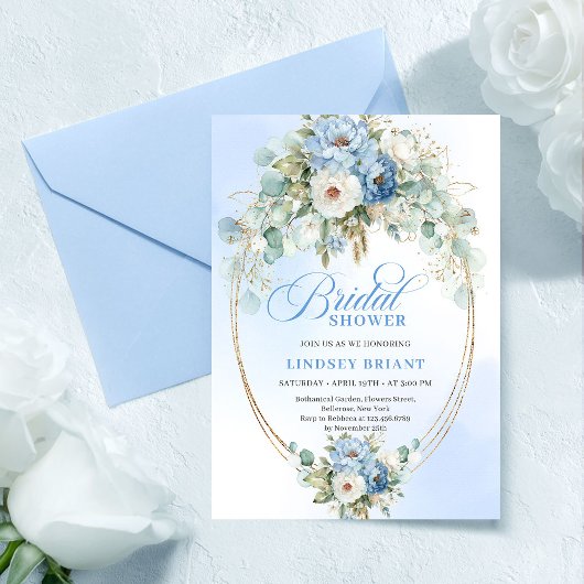 Invitation Chic Light Blue Peony Gold Accent Bridal Shower