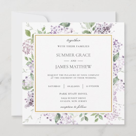 Invitation Chic Lilac Purple Floral Carré Mariage (Devant)