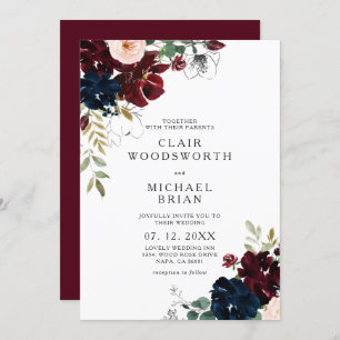 Invitation Chic Line Art Sketch Burgundy Navy Floral Mariage