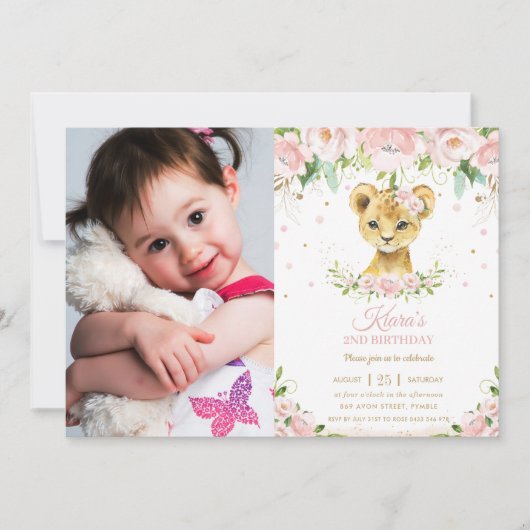 Invitation Chic Lion Cub Blush Rose Floral 1er anniversaire P (Devant)