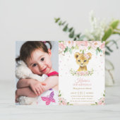 Invitation Chic Lion Cub Blush Rose Floral 1er anniversaire P (Debout devant)