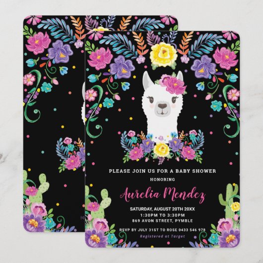 Invitation Chic Llama Floral Baby shower mexicain Chalkboard (Devant / Derrière)