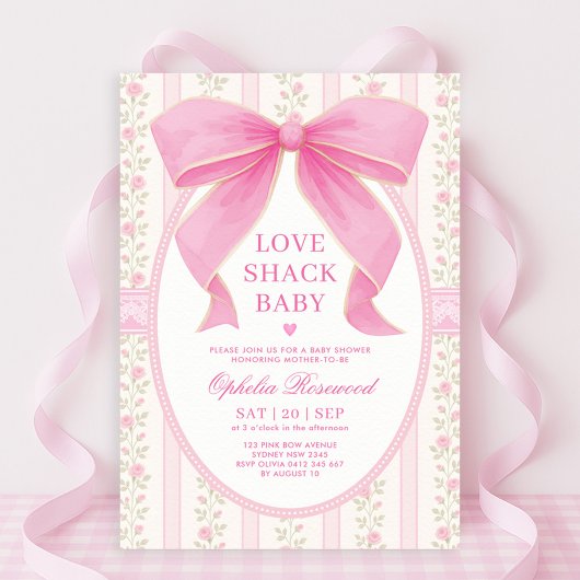 Invitation Chic Love Shack Pink Bow Lace Baby shower fille