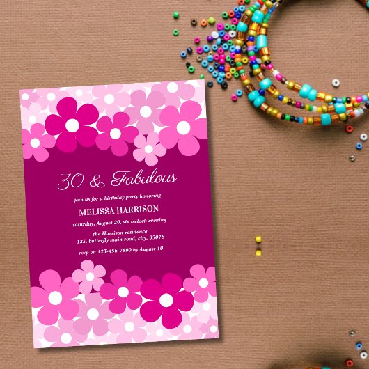 Invitation Chic Magenta Rose Fleur 30 Fabuleux anniversaire