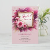 Invitation Chic magenta rose fleurs cadre or Bridal (Debout devant)