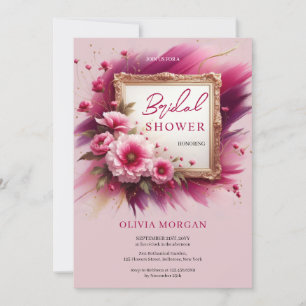 Invitation Chic magenta rose fleurs cadre or Bridal