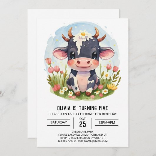 Invitation Chic Magic Barnyard Cow Anniversaire (Devant / Derrière)