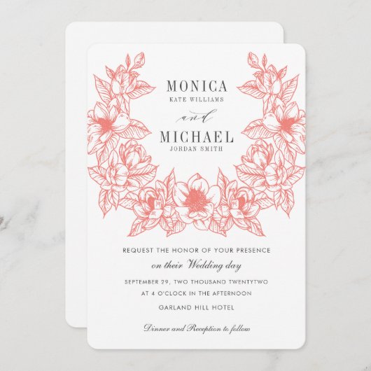 Invitation Chic Magnolia Wreath | Corail | MARIAGE (Devant / Derrière)