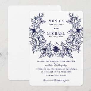 Invitation Chic Magnolia Wreath Mariage bleu marine
