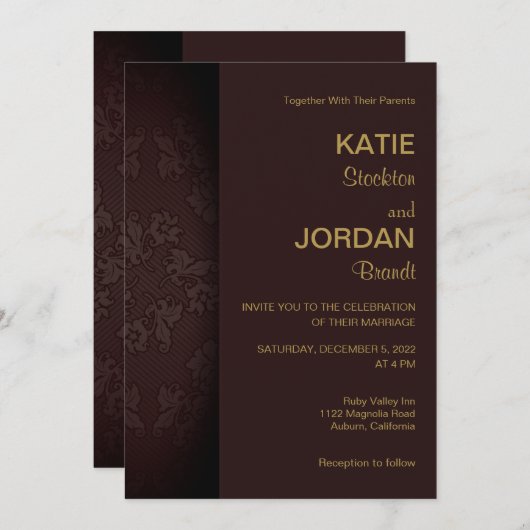 Invitation Chic Mahogany Mariage damassé (Devant / Derrière)