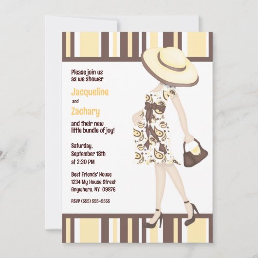 Invitation Chic Maman-to-Be Brown Baby shower rayé jaune (Devant)