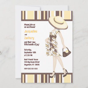 Invitation Chic Maman-to-Be Brown Baby shower rayé jaune