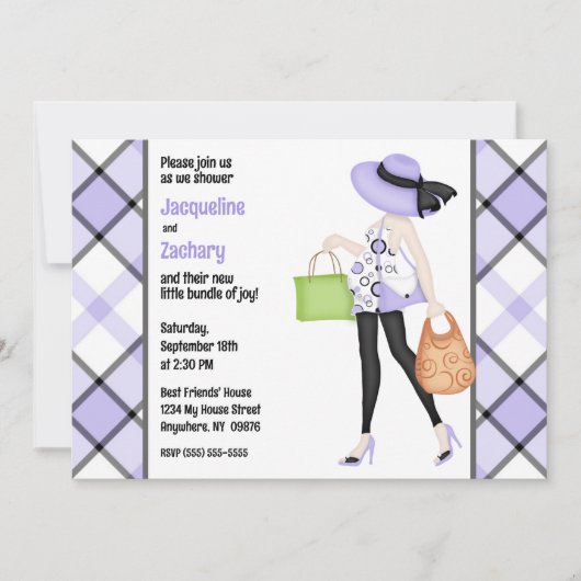 Invitation Chic Maman-to-Be Purple Plaid Baby shower (Devant)