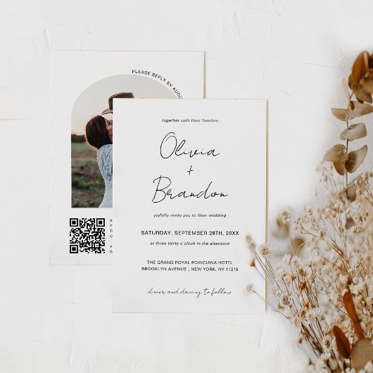 Invitation Chic manuscrit QR Code Arch Frame Photo Mariage