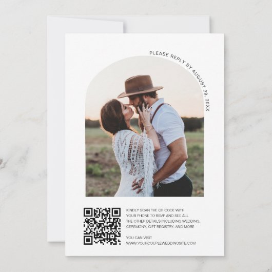 Invitation Chic manuscrit QR Code Arch Frame Photo Mariage (Dos)