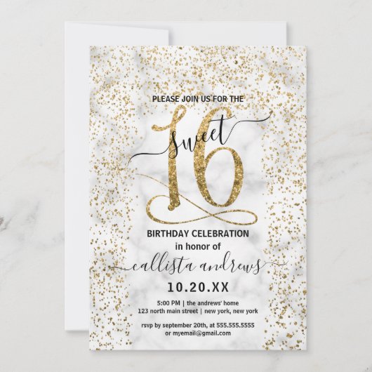 Invitation Chic Marbre Or Confetti Bordure Sweet 16 (Devant)