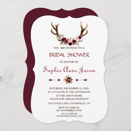 Invitation Chic Mariage Champêtre Burgundy Marsala Floral Cer (Devant / Derrière)