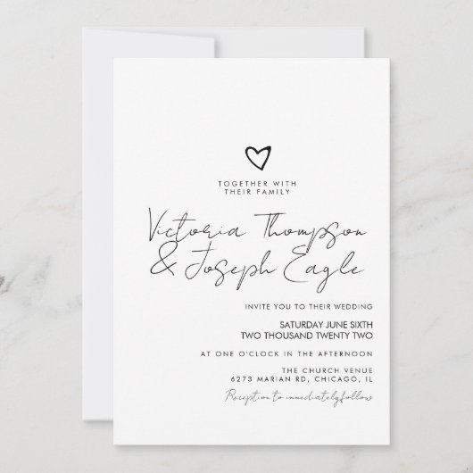 Invitation Chic mariage cœur penché noir blanc Script  (Devant)