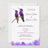 Invitation Chic Mariage de colibris et de pétales violets (Devant)