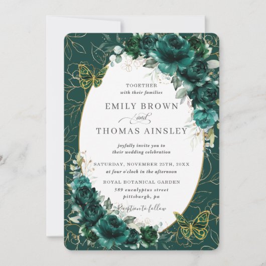 Invitation Chic Mariage Emerald Green Gold Floral Papillons (Devant)