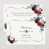 Invitation Chic Mariage Floral Merci Merlot Bleu Nuit (Devant / Derrière)