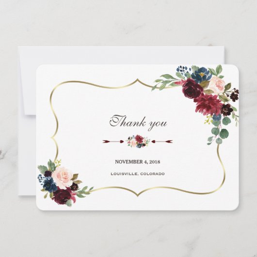 Invitation Chic Mariage Floral Merci Merlot Bleu Nuit (Devant)