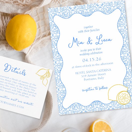 Invitation Chic Mariage italien citron bleu méditerranéen