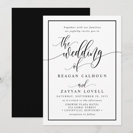 Invitation Chic Mariage Noir Et Blanc Calligraphié (Devant / Derrière)
