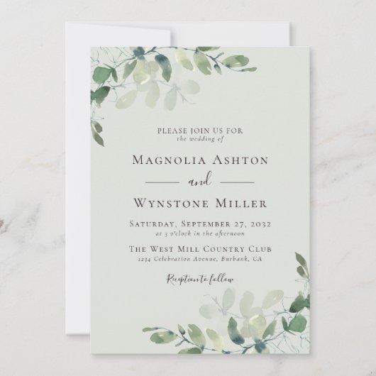 Invitation Chic Mariage vert Eucalyptus Sage (Devant)